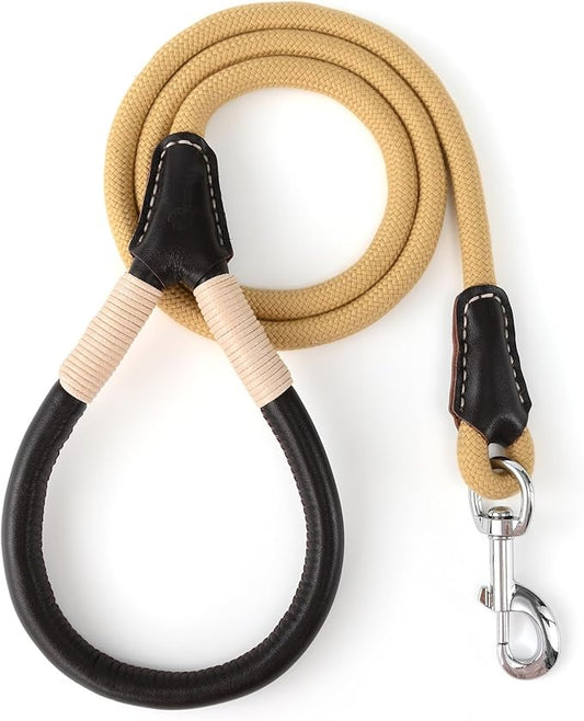 Mile High Life Genuine Leather Wrapped Handle Dog Leash, w Heavy Duty Clasp Rope Leash for Small Medium Large Dogs (Yellow, 6FT)