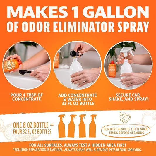 Angry Orange Pet Odor Eliminator Concentrate – 8oz Citrus Powered Concentrate for Strong Dog & Cat Urine Smells, Safe for Most Fabrics, Great for Carpets, Upholstery - Makes 128oz of Liquid