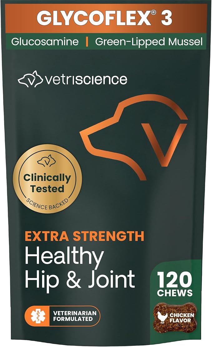 VetriScience Extra Strength Healthy Hip & Joint Chews, GlycoFlex 3, Glucosamine, Green-Lipped Mussel, Joint Support Supplement for Dogs, Promote Mobility & Soothe Joint Discomfort, Chicken, 120 Count