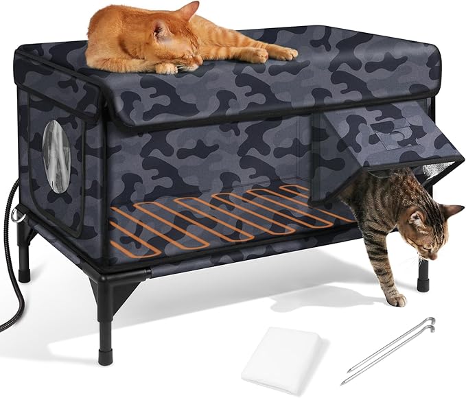 Heated Cat House for Outside,Dual Camera Mounts,100% Weatherproof & Extremely Insulated,Elevated Feral Cat Shelter with Escape Door,Waterproof Eaves for Outdoor Stray Barn Cat(Dark Camo,L)