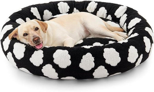 JOEJOY Donut Large Dog Bed, Cute Round Calming Dog Bed with Removable Washable Cover, Orthopedic Pet Beds with Jacquard Shaggy Plush & Non Skid Bottom, Black