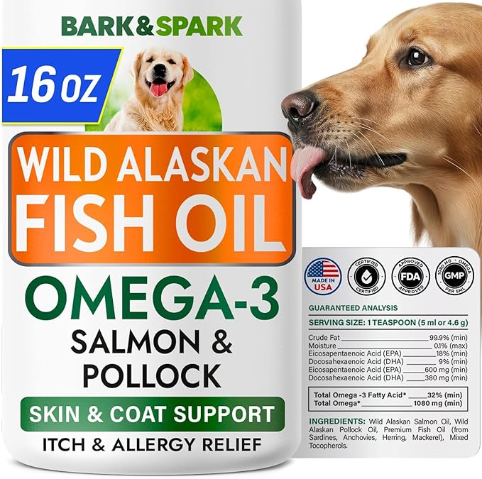 BARK&SPARK Omega 3 Fish Oil for Dogs - w/Wild Alaskan Salmon Oil for Dogs, Fish Oil Liquid Supplement for Pets, EPA+DHA Fatty Acids, Skin&Coat Support - Itch&Allergy Relief, Joint - Alaskan Salmon