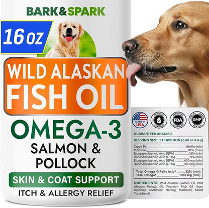 BARK&SPARK Omega 3 Fish Oil for Dogs - w/Wild Alaskan Salmon Oil for Dogs, Fish Oil Liquid Supplement for Pets, EPA+DHA Fatty Acids, Skin&Coat Support - Itch&Allergy Relief, Joint - Alaskan Salmon