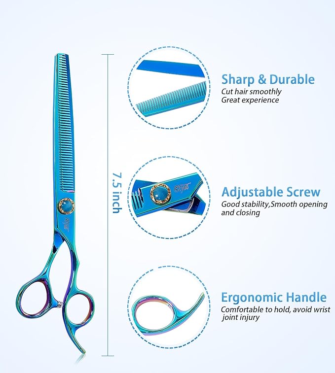 Stjuo 7.5'' Dog Thinning Scissors for Grooming 440C Stainless Steel Green Professional Pet Trimming Scissors Sharp Blades Cutting for Dogs and Cats Shears