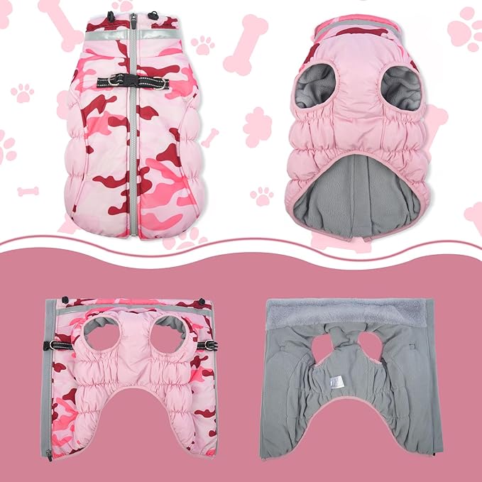 Lelepet Warm Dog Winter Coat Dog Coats for Small Dogs Waterproof Dogs Jacket with Harness Built in Reflective Cold Weather Coats Windproof Zip-Up Winter Fleece Vest Snowsuit Yorkie Pink Camo S