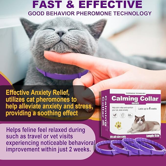 Cat Calming Collar, 4-Pack Pheromone Collars for Cats – Adjustable 15″, 60-Day Lasting Stress & Anxiety Relief, Helps Reduce Noise Fear, Scratching & Separation Anxiety（Pruple）