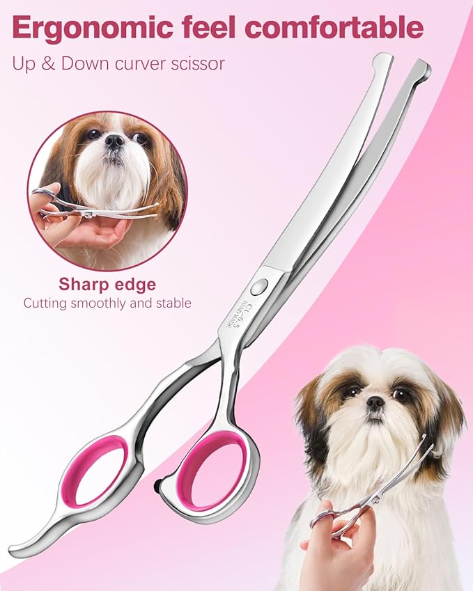Fiurfiy Furry Professional Pet Grooming Scissors with Safety Round Heads - 6 in 1 Curved Scissors for Dogs and Cats