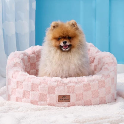 Joydeco Cloud Dog Bed for Small Dogs & Cats, Washable Pet Bed with Orthopedic Foam and Removable Checkered Plush Pad, Non-Slip Bottom for Indoor Puppies and Kittens, 22x20 Inch, Pink