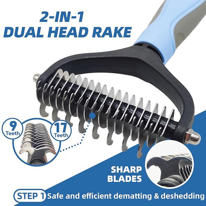 KUEIOX Dog Brush for Shedding,7 PCS Pet Grooming Brush Kit to De-fur & Hair Slicker Deshedding Brushes with Undercoat Rake Comb Bath Brush&Nail Clipper for Grooming Short Long Haired Dogs Cats Blue