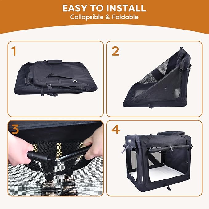 JESPET Soft Dog Crates Kennel for Pets, 3 Door Soft Sided Folding Travel Pet Carrier with Straps and Fleece Mat for Dogs, Cats (Graphite Black, Large(30" L x 21" W x 23" H))