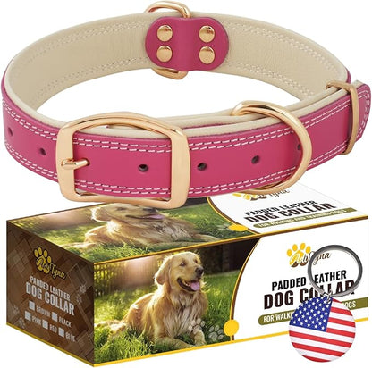 ADITYNA Heavy-Duty Pink Leather Dog Collar for Large Dogs - Soft Padded for Comfort - Girl Dog Collar for Walking, Training, and Hiking