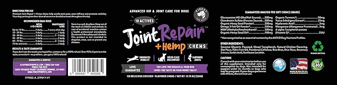 Joint Repair Hip and Joint Chews for Dogs - Finest For Pets Glucosamine, Chondroitin, MSM, Hemp, Omega 3 & Turmeric for Dog Joint Support, Mobility & Pain Relief - (120 Chicken Chews, Made in USA)
