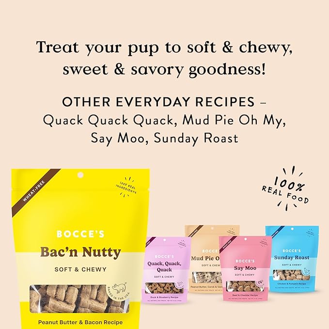 Bocce's Bakery Bac'n Nutty Soft & Chewy Dog Treats, Wheat-Free PB & Bacon Flavored All Natural Limited Ingredient Oven Baked Cookies for Dogs, 12 oz