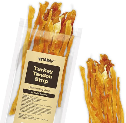 VITADAY Turkey Tendons for Dogs, All Natural, Healthy Dog Treats, Long Lasting, Hypoallergenic Dog Chews, Rawhide Free, USA-Sourced, for Small Dogs, Strips, 3 oz Pack