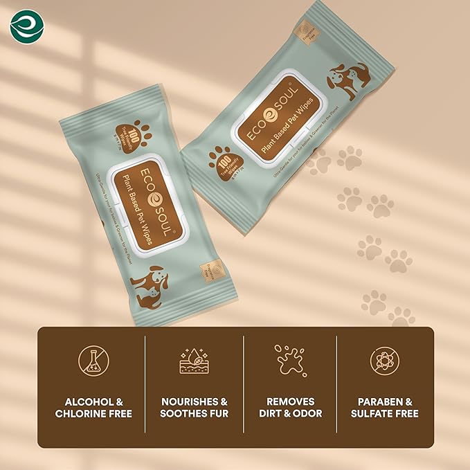 ECO SOUL Pet Wipes for Dogs & Cats, Unscented Large Cleaning Wipes with Aloe & Glycerin | Alcohol & Chlorine Free | Pack of 1 (100 Wipes) (Pack of 2)