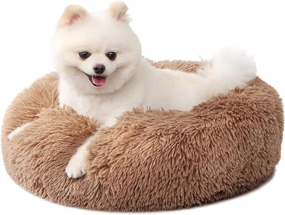 Calming Donut Dogs Beds for Small Dogs Washable,19inch Fluffy Round Puppy Bed for Puppies,Cats & Toy Breeds with Raised Rim,Fits up to 15 lbs Pets,Camel