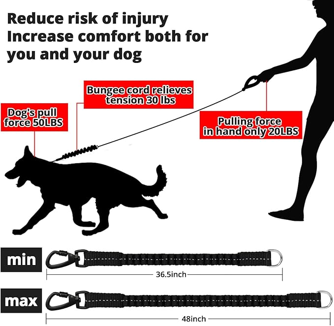 Rope Dog Leash 6 FT: Heavy Duty Leashes with Swivel Lockable Hook Reflective Threads Bungee and Padded Handle - Dog Lead for Large Small Medium Dogs Outside Walking Hiking Black