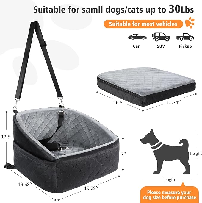 NEEZUKAR Dog Car Seat for Small Dogs,Detachable Washable Dog Booster Seat Under 30lbs, Pet Car Seat Travel Bed with Storage Pockets and Dog Safety Belt (Black/Grey)