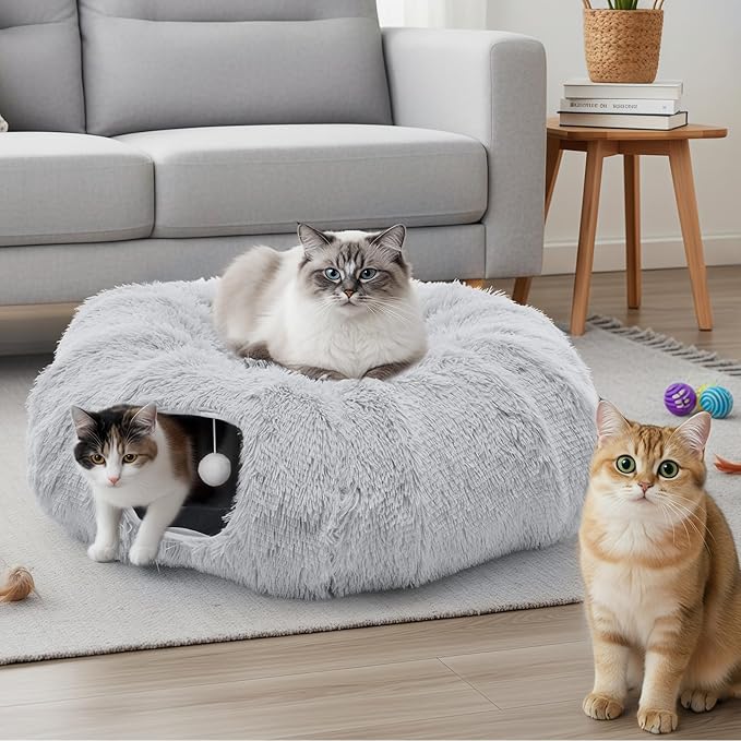 DUMOS Cat Tunnel Bed for Indoor Cats Cave Donut Play Tunnel with Soft Plush Peekaboo, Circle Cushion, Washable Multifunctional Playground Under Tree Pet Toys for Kittens, Puppy Rabbit, Ferret - Grey