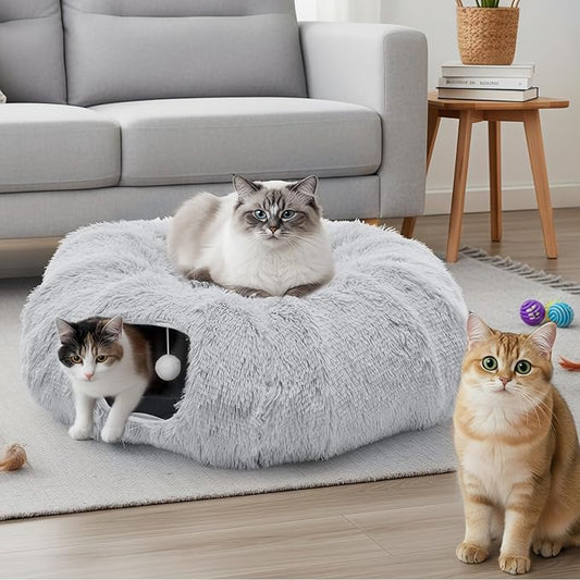 DUMOS Cat Tunnel Bed for Indoor Cats Cave Donut Play Tunnel with Soft Plush Peekaboo, Circle Cushion, Washable Multifunctional Playground Under Tree Pet Toys for Kittens, Puppy Rabbit, Ferret - Grey