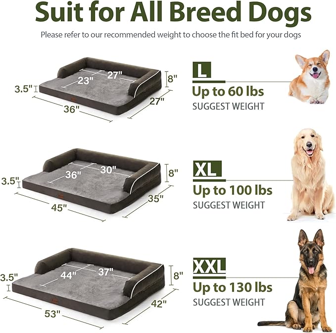 Casa Paw Orthopedic Dog Beds for Extra Large Dogs, Waterproof Egg Crate Foam XL Dog Bed with Sides 45x35Inch, Big Dogs Couch Beds with Removable Washable Cover and Nonskid Bottom, Dark Green
