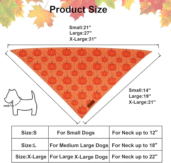 PTDECOR Thanksgiving Fall Dog Bandanas, Orange White Reversible Holiday Pet Scarf, Happy Thanksgiving Pumpkin Triangle Thanksgiving Bandanas for Extra Large Dogs (X-Large)