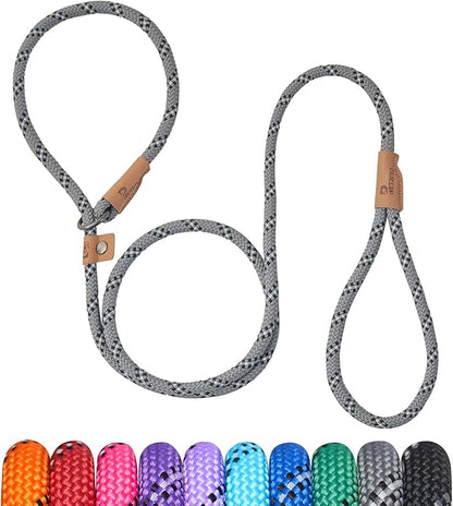 5 FT Slip Lead Dog Leash, Heavy Duty Rope Leash for Small Medium Large Dogs, No Pull Training Lead with Reflective Thread, Strong Comfortable Loop Leash (Grey Stripe, Medium(3/8"))