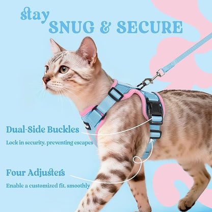 rabbitgoo Cat Harness and Leash for Walking, Escape Proof Soft Adjustable Vest Harnesses for Cats, Easy Control Breathable Reflective Strips Jacket, Light Blue&Pink, M