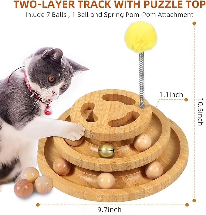 DoogCat Cat Ball Track Toy with Puzzle Top, 3-Level Tower with 9 Removable Balls, Interactive Toy for Kitten Mental & Physical Exercise