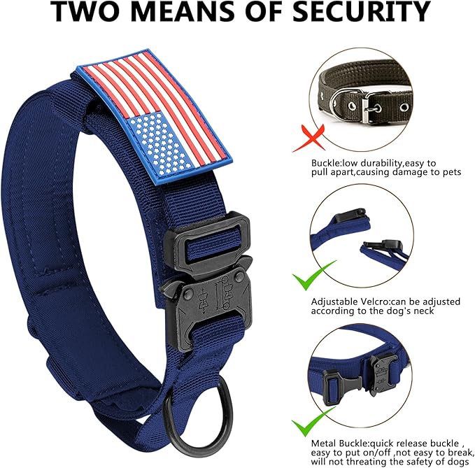 DAGANXI Tactical Dog Collar, Adjustable Military Training Nylon Dog Collar with Control Handle and Heavy Metal Buckle for Medium and Large Dogs, with Patches and Airtags Case (Midnight Blue, L)