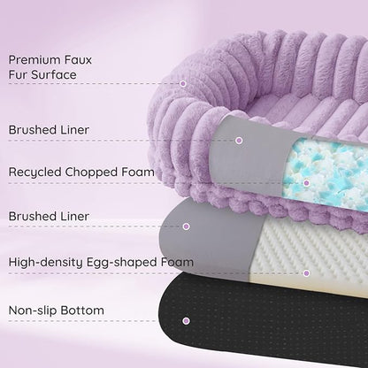 ChiXnuggle Human Dog Bed for Adult - Luxury Striped Faux Fur Giant Dog Bed with Portable Handle, Egg Orthopedic Foam Pad with Thick Blanket, 72"x40"x10", Purple