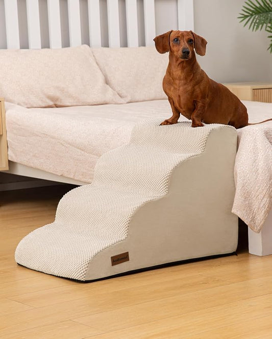 Aodisman Dog Stairs Ramp for Bed and Couch,4 Step Dog Steps for Small Dogs,Pet Stairs with Non-Slip Bottom for Old Cats,Indoor Pet Steps,Comfort,Durable,17.4" H,Beige