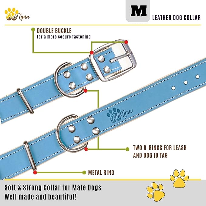 ADITYNA Heavy-Duty Leather Dog Collar for Medium Dogs - Soft Padded for Comfort - Blue Dog Collar for Walking, Training, and Hiking