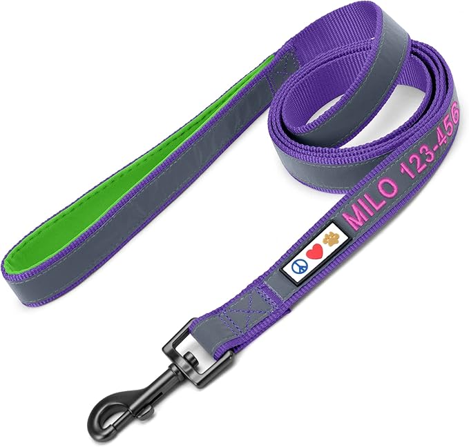 Pawtitas Personalized Purple Dog Leash 6 ft Custom ID Lead for Dogs & Puppies Reflective Comfortable Padded Handle Embroidered Name & Phone Number