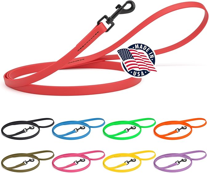 Dogline Biothane Waterproof Dog Leash Strong Coated Nylon Webbing with Black Hardware Odor-Proof Easy to Clean High Performance for Small or Large Dogs Made in USA 4 or 6 ft Lead, Cherry Red