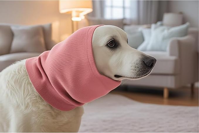 FDANDADE Dog Calming Band,Dog Ear Cover Anxiety Relief – Noise Canceling for Fireworks, Thunderstorms, Pet Grooming & Force Drying(Pink L)