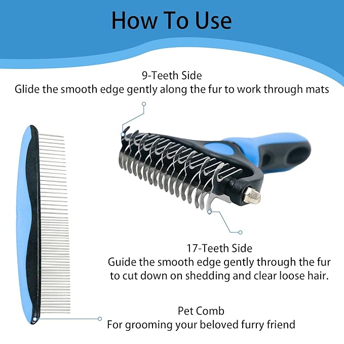 Pet Grooming Rake - Blue Deshedding Comb with Grooming Comb for Dogs and Cats,Double-Sided Dematting Tool,Extra-Wide Deshedding Dog Brush for Long Hair to Effectively Remove Tangles,Knots and Mats