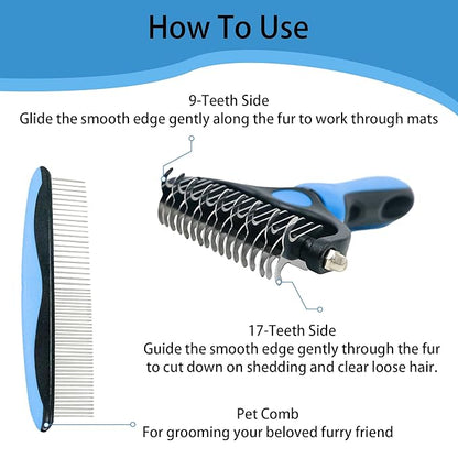 Pet Grooming Rake - Blue Deshedding Comb with Grooming Comb for Dogs and Cats,Double-Sided Dematting Tool,Extra-Wide Deshedding Dog Brush for Long Hair to Effectively Remove Tangles,Knots and Mats