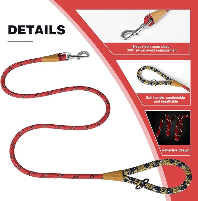 lynxking Rope Dog Leash 6 FT with Comfortable Padded Handle, Highly Reflective Threads Leash for Small Medium Large Dogs (Red, 2PCS Large 1/2in x 6ft-Rope Clasp)