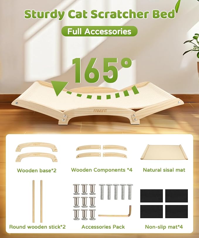 Famifit Large Sisal Cat Scratcher Bed with Solid Wood Base, Durable Scratch & Rest 2-in-1, Extra-Wide 28” Anti-Slip Cat Scratch Pad for Indoor Cats