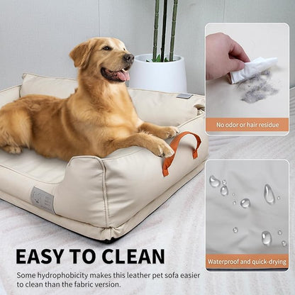 Removable Orthopedic Dog Beds for Large Dogs, Leather Memory Foam Dog Sofa Bed, Waterproof Durable Dogs Bed Couch with Non Skid Bottom for All Pet Sizes (Beige, Medium)