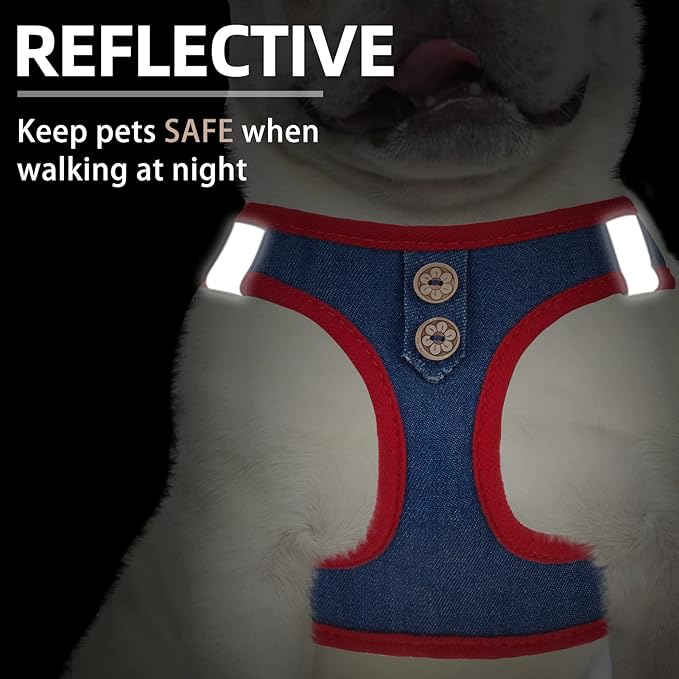 PUPTECK Dog Harness and Leash Set for Small Medium Dogs No Pull Step-in Soft Mesh Puppy Cat Vest Harnesses Reflective at Night, Denim NavyBlue M