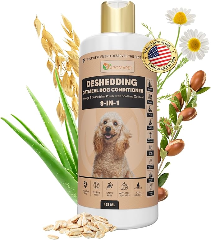 9-in-1 Oatmeal Deshedding Dog Conditioner, Moisturizing Conditioner for Dogs with Oatmeal, Aloe Vera, Chamomile, Argan Oil, for All Breeds & Puppies, Hypoallergenic Dog Conditioner, 475mL