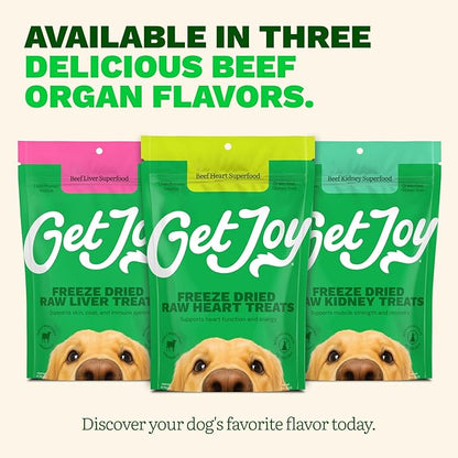 Get Joy Freeze Dried 100% Beef Heart Dog Treats, 4oz | Single Ingredient Organ Meat, High Protein Raw Dog Food Topper, Snack & Training Rewards | Grain Free, Gluten Free, Filler Free