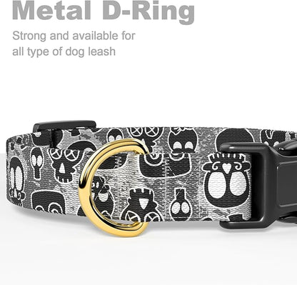Rnivvi Dog Collar for Large Dogs, Cute Heavy Duty Adjustable Puppy Collar with Quick Release Buckle for Girl & Female, Pet Accessories for Walking Running, L Length 1" Width, Black Skull