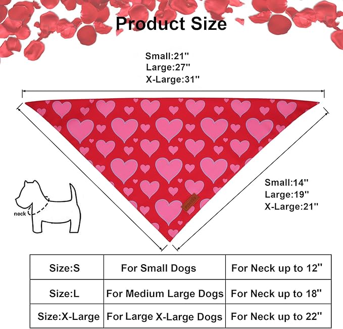 PTDECOR Valentine Dog Bandana, Reversible Valentine Pet Scarf, Multi Size, Red Heart Bandanas for Medium Large Dogs (Large)