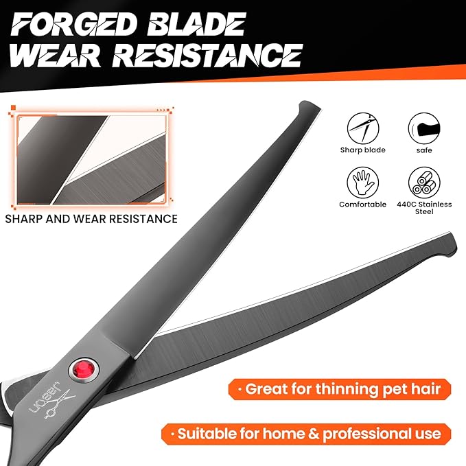 JASON 7.5" Dog Grooming Shear - Professional Up-curved Scissor with Round Tips Japanese Stainless Steel Hair Scissor for Dogs, Cats and Other Pets (Curved with Round Tips, Black) Christmas Gift