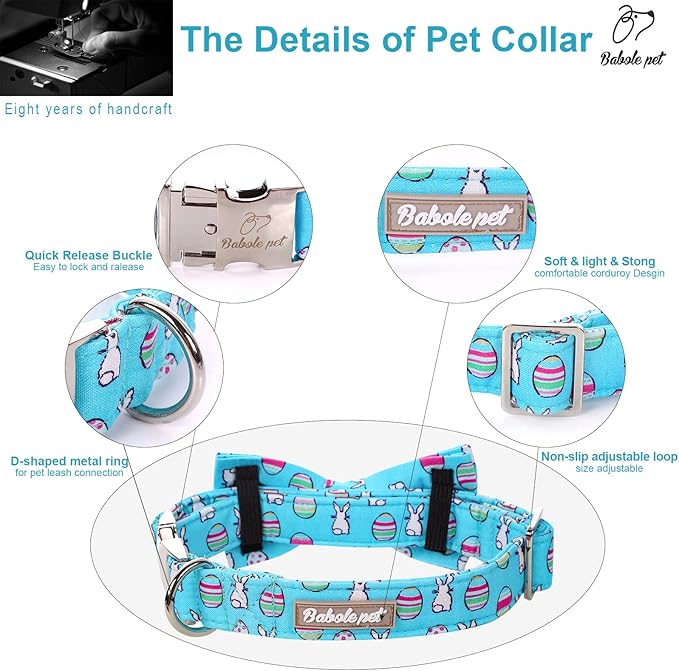 Easter Dog Collar with Bow Tie - Adjustable Easter Bunny Eggs Dog Collar Blue Rabbit Bowtie Metal Buckle Puppy Collars for Small Medium Large Dogs S