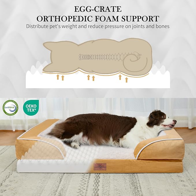 Comfort Expression Orthopedic Dog Bed for Large Dogs 36x27 Inch, Waterproof Supportive Egg Crate Foam Large Pet Bed with Removable Bolsters, Dog Couch with Washable Cover & Non-Slip Bottom, Caramel