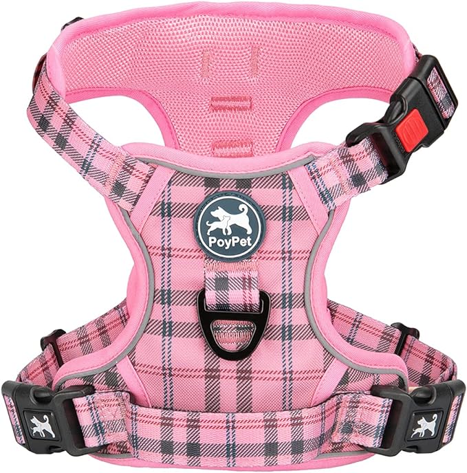 PoyPet No Pull Dog Harness, [Release at Neck] Reflective Adjustable No Choke Pet Vest with Front & Back 2 Leash Attachments, Soft Control Training Handle for Medium Dogs(Checkered Pink,M)